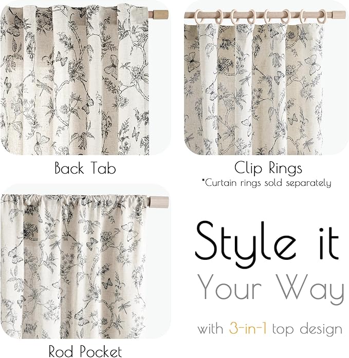 Lazzzy Linen Black Floral Curtains 90 Inch Length Farmhouse Curtain Back Tab Drapes for Living Room Bedroom Light Filtering Vintage Rod Pocket Curtains, 2 Panels, Black on Beige