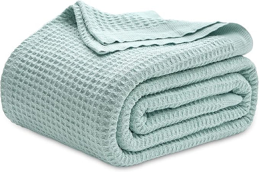 Bedsure 100% Cotton Blanket King Size for Bed - Breathable and Soft, Waffle Weave Blanket for Summer Spring, Mint, 104x90 inches