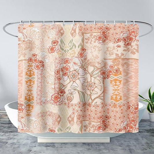 AILONEN Luxuriant Flowers Shower Curtain,European Vintage Flower Theme Waterproof Shower Curtain for Girls Kids Teens, 60" W*72" H Orange Textures Bathroom Decor