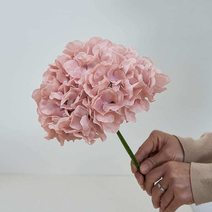 Dusty Rose Pink Artificial Hydrangea Flowers Heads 10 Fake Hydrangea Silk Flowers for Wedding Centerpieces Bouquets DIY Floral Decor Home Decoration with Stems(VASE NOT Included)