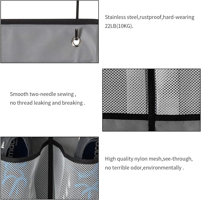 KEEPJOY Over The Door Shoe Organizer 2 Pack,Mesh Pockets Hanging Shoe Rack Over The Door,Shoe Storage Closet with 4 Hooks,Washable and Breathable Fabic,Large Size 57.5×12.6inch(Grey)