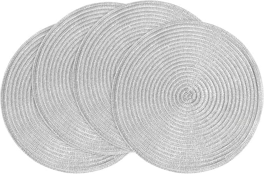 Floroom 15 Inch Round Braided Placemats Set of 4, Washable Heat Resistant Cotton Polyester Circle Place Mats for Kitchen Dining Table - Shimmer Silver