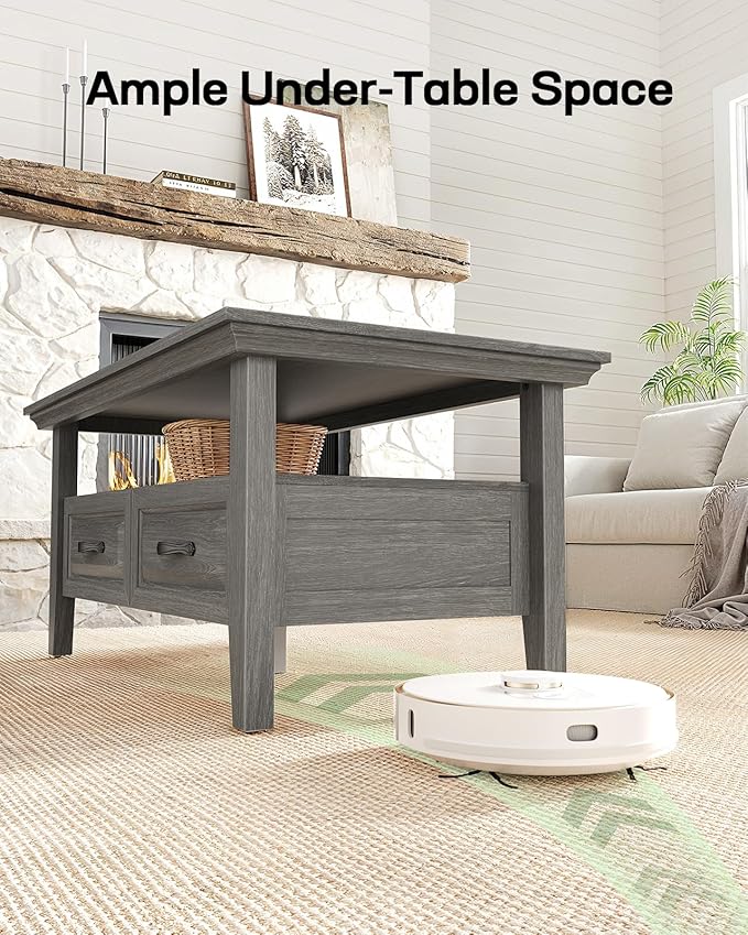 Marsail Farmhouse Coffee Table with Storage, 39.4" Wood Coffee Table for Living Room, Rustic Center Table with 2 Drawers, Open Display Area, Grey