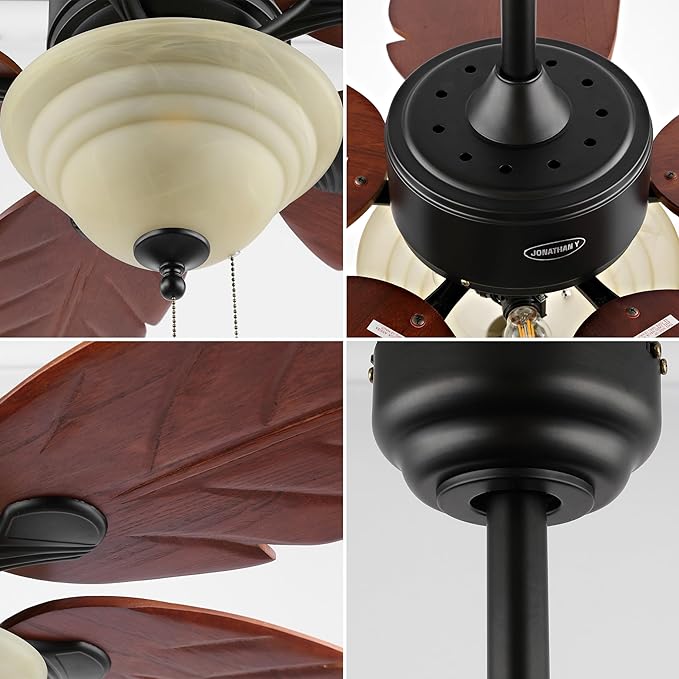 JONATHAN Y JYL9720B Poinciana 52" 3-Light Coastal Bohemian Iron/Wood Palm Leaf LED Ceiling Fan with Pull Chain Rustic, Eclectic, Transitional, Office, Living Room, Dining Room, Bedroom, Dark Brown