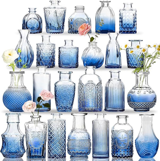 Bud Vases Set of 24, Gradient Blue Vintage Small Vases for Flowers, Clear Crystal Mini Glasses in Bulk, Small Flower Design for Centerpieces Wedding Home Flower Party Decor