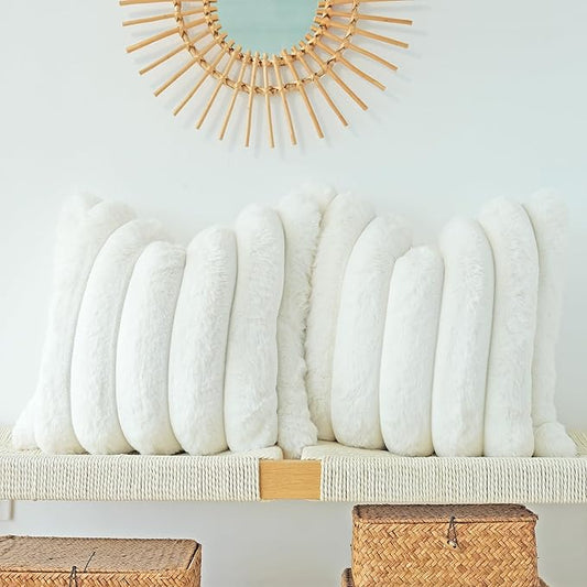 JOJUSIS Pack of 2 Faux Fur Plush Decorative Throw Pillow Covers Couch Cushion Case Soft Fluffy Pillowcases Wide Stripe (White, 22 x 22 Inch)
