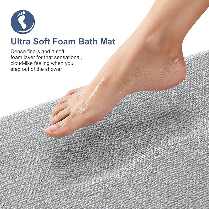 OLANLY Thick Memory Foam Bath Mat Rug 70x24, Extra Soft Absorbent Bathroom Rug, Quick Dry Bath Mats, Non-Slip, Machine Washable Carpet for Bathroom, Tub and Shower, Home Decor Accessories, Light Grey