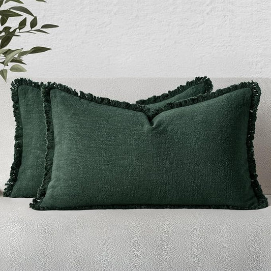 MIULEE Decorative Lumbar Throw Pillow Covers Neutral Linen Fringe Throw Pillows Set of 2 Army Green Boho Farmhouse Cushion Covers for Couch Sofa Bed Living Room Spring Home Decor 12x20 Inch