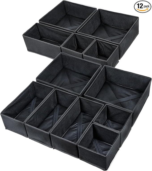 12 Pack Drawer Organizers for Clothing, Foldable Clothes Drawer Organizer for Underwear, Folded Clothes, Baby Clothing, Socks, Bra, Towels, Ties - Multi-pack Storage Box (Black)