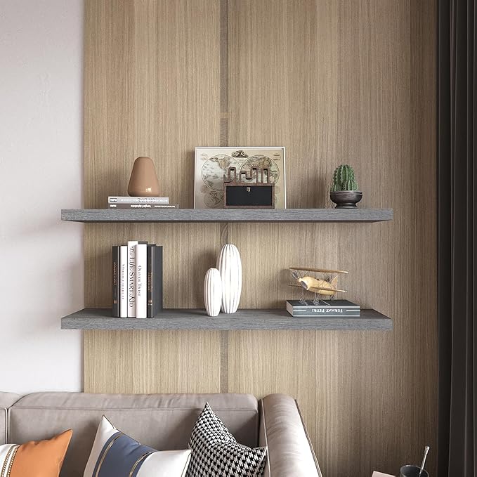 Floating Shelves 36 Inch Wall Shelf Solid Wood Mounted Storage for Bedroom Living Room Set of 2, Rustic Grey Wall Shelves