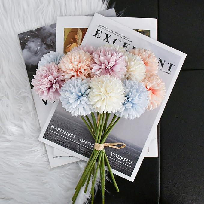 Mandy's Multicolor Artificial Ball Chrysanthemum 12 Stems Faux Flowers with Bendable Stems for DIY Wedding Centerpiece Fall Decor Home Arrangements