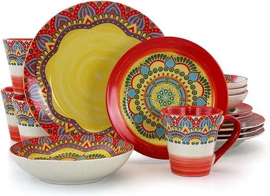 Elama Mandala Round Stoneware Multicolor Dinnerware Set, 16 Piece, Red