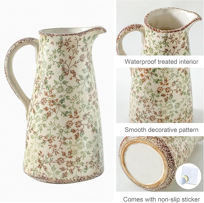 Enra Pitcher vase with Handle,12.2 in Ceramic Vintage Chinoiserie Floral Vase,Green and Beige Decorative Flower vase,Large Rustic Vases for Home Decors, Living Room, Bookshelf, Office