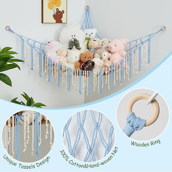 Pretty Jolly Stuffed Animal Storage Hammock with Wooden Beads Corner Hanging Net Boho Tassel for Toy Plush Holder for Kid Room Nursery Decor Wall Display Organizer for Girls Boy Gift(Light Blue)
