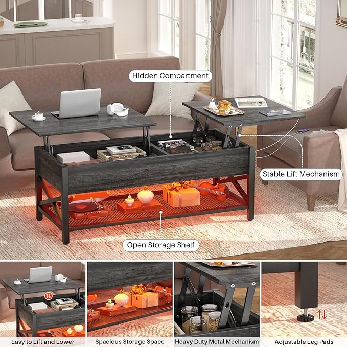 Aheaplus Lift Top Coffee Center Table with LED Light and Power Outlet, Modern Table with Storage Shelf for Living Room, Lift Tabletop, X Support, Metal Frame, Black Oak
