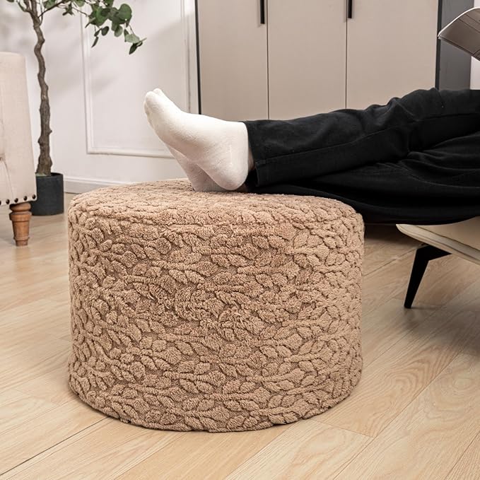 Round Pouf Ottoman Stuffed 20 x 20 x 14 Inches Boho Poof Foot Stool Home Decor Floor Pouffe Ottoman Foot Rest for Couch Sofa Bean Bag Chairs Living Room Bedroom (Brown)