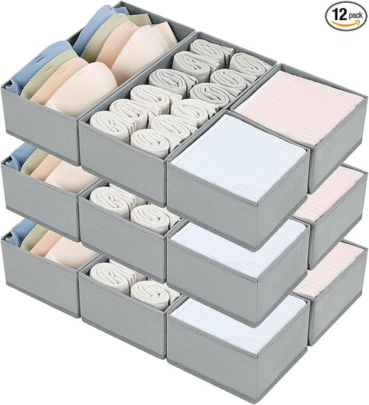 DIMJ Drawer Organizers for Clothing, Set of 12 Dresser Drawer Organizers, Fabric Closet Organizers and Storage, Drawer Dividers for Baby Clothes, Socks, Belt, Tie (Grey)