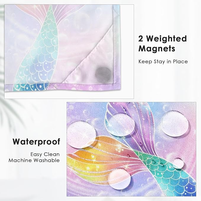 Mermaid Galaxy Summer No Hook Shower Curtain with Snap in Liner, Pink Purple Kids Girl Bath Curtain with Double Layers Waterproof Fabric and Mesh Top Window 71x74 Inch