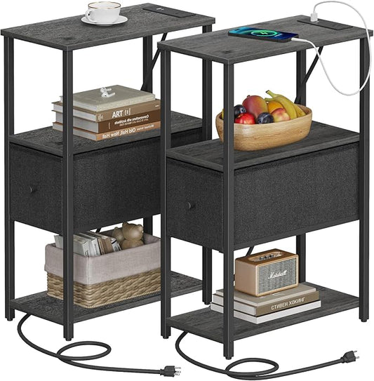 TUTOTAK Small Narrow End Table with Charging Station, Set of 2, Side Table with Outlets, Nightstand with Cloth Drawer, Couch Table, for Living Room, Bedroom, Bedside, Charcoal Grey TB01BY058