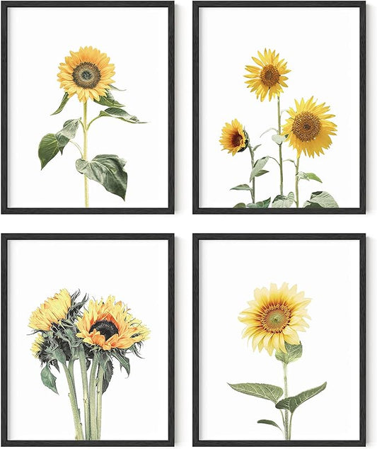 HAUS AND HUES Sunflower Wall Decor and Sunflower Posters - Set of 4 Sunflower Bedroom Decor, Sunflower Paintings for Wall, Yellow Wall Art Kitchen Decor, Sunflower Decor (Black Frame, 8x10)