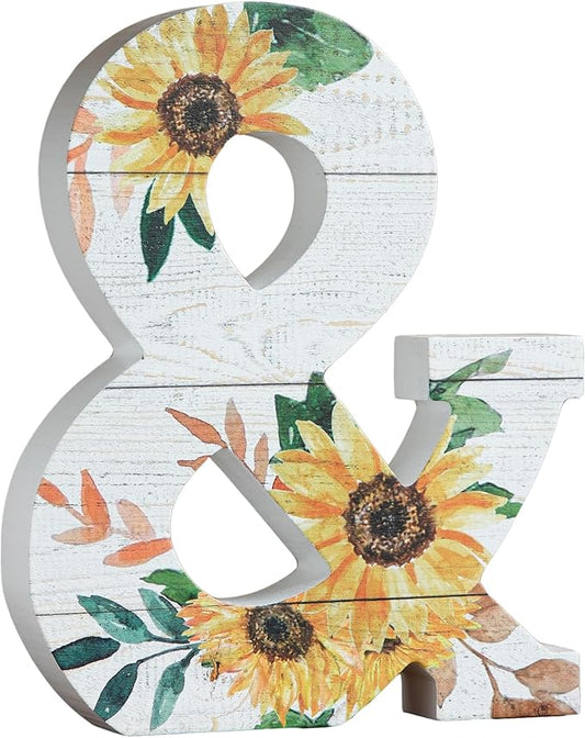 COLLECTIVE HOME - 10" Sunflower Wooden Letter Block, DIY Farmhouse Decor, Rustic Freestanding Monogram Block (&), 1 Piece