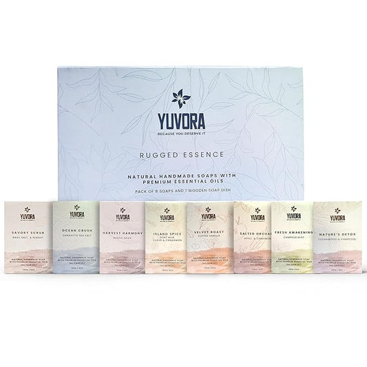 5 OZ Pack of 8 Pcs Men Natural Handmade Body Soaps Rugged Essence Long lasting Luxurious Scents with Natural Ingredients – Sulfate & Paraben Free, Vegan Multi Fragrance With Wooden Soap Dish