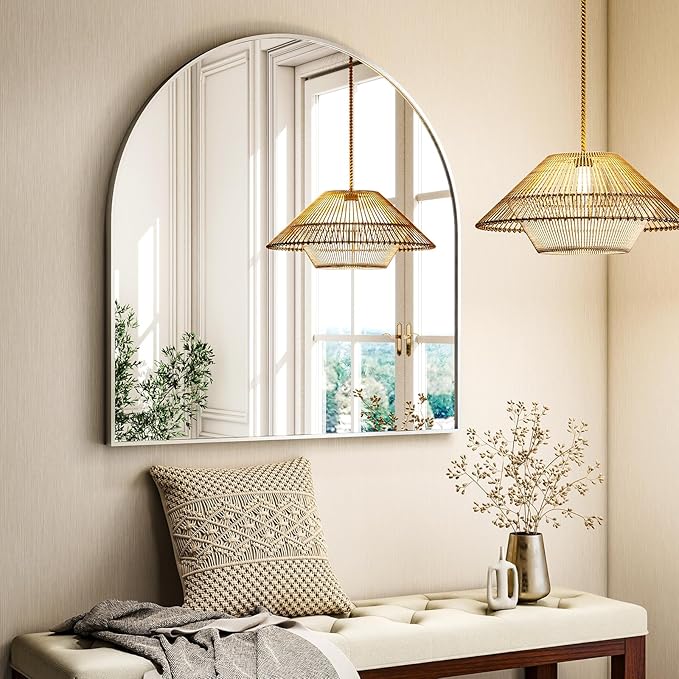 Arched Bathroom Mirror, 32x34 Inch - Wall Mounted Vanity Mirror with Aluminum Alloy Frame - Ideal for Living Room, Bedroom, Bathroom, and Entryway, Hanging or Leaning,Sliver