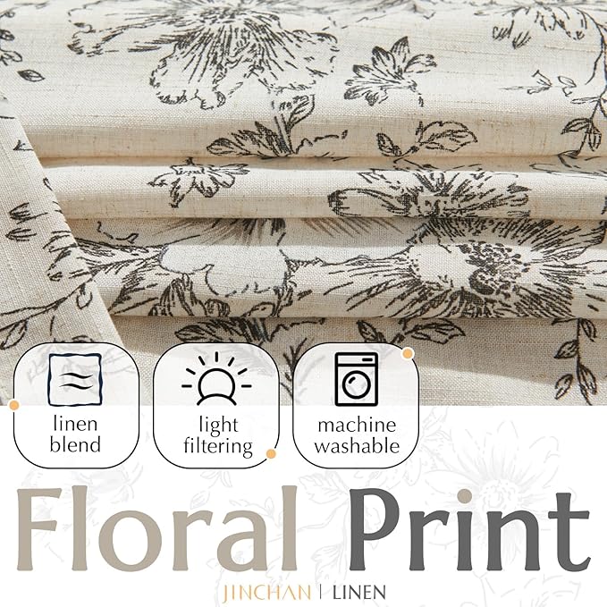 jinchan Lined Linen Blend Curtain Floral Curtains for Living Room 108 Inches Extra Long Black Peony Flower Printed Curtain Back Tab Farmhouse Patterned Drapes Bedroom Window Curtain Set 2 Panels