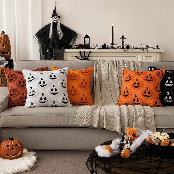 MIULEE Fall Halloween Throw Pillow Covers 18x18 Decorative Pumpkin Pattern Pillowcases Soft Plush Faux Wool Cushions for Home Patio Sofa Couch,White