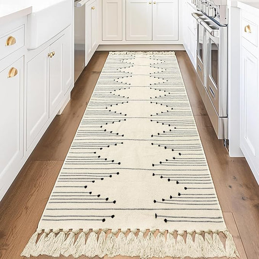 Tritard Boho Hallway Runner Rug 2x8 - Washable Area Rug Farmhouse Aztec Cotton Long Lightweight Rugs with Tassels Kitchen Bathroom Woven Low Pile Thin Carpet for Entryway, Bedroom, Beige Cream