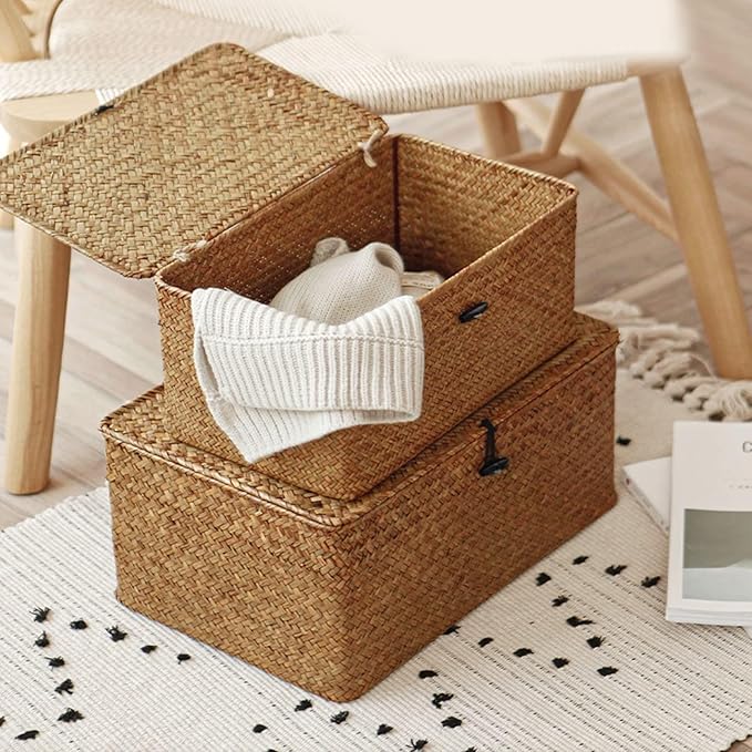 Wicker Storage Basket with Lid, Seagrass Storage Bins with Lids, Rectangular Handwoven Shelf Baskets with Lid for Home Organizer, Rattan Decorative Box for Clothes, Groceries, Snacks (S)