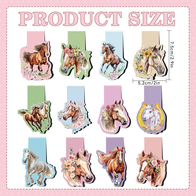Horse Magnetic Bookmarks: 12 Pcs Horse Animals Magnet Book Page Markers, Cute Bookmark Clips for Reading, Gifts for Kids Women Students Teachers Book Lovers Office School Supplies