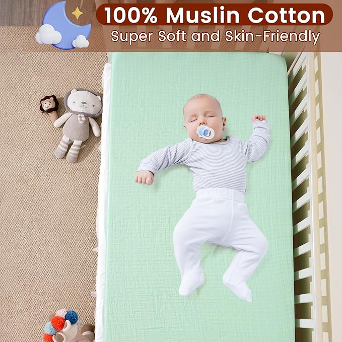 Muslin Crib Sheets for Boys Girls, 2 Pack 100% Cotton Soft Breathable Fitted Baby Sheet Set, 28x52 Inch Fits Standard Crib and Toddler Mattresses, Beige & Green