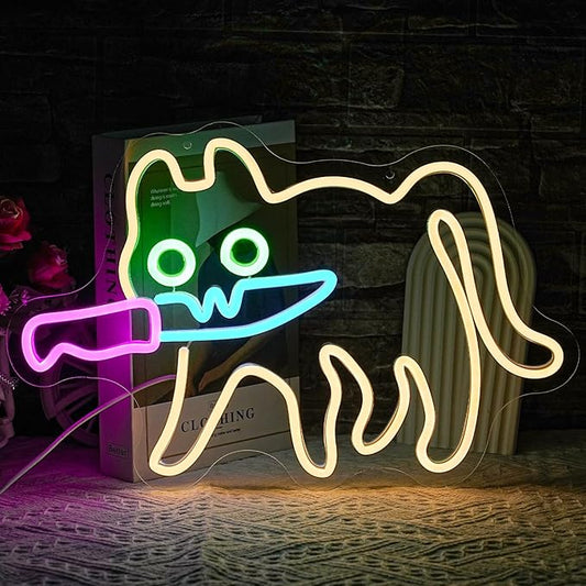 Cat Neon Sign for Wall Decor Knife Neon Light Cautiously Cat LED Neon Sign White LED Neon Light for Bedroom Zoo Cat Cafe Cat House Store Home Men Cave Home Bar Decoration(16.9"*12.4")