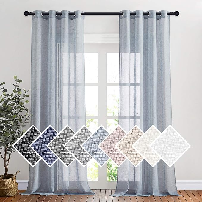NICETOWN Sheer Curtains Flax Texture for Bedroom, Retro Grommet Top Linen Textured Semitransparent Privacy Window Treatment Light Filter for Living Room, 52" W x 108" L, Set of 2, Sea Mist