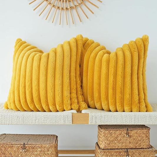 JOJUSIS Pack of 2 Faux Fur Plush Decorative Throw Pillow Covers Couch Cushion Case Soft Pillowcases (Mustard Yellow, 16 x 16-Inch)