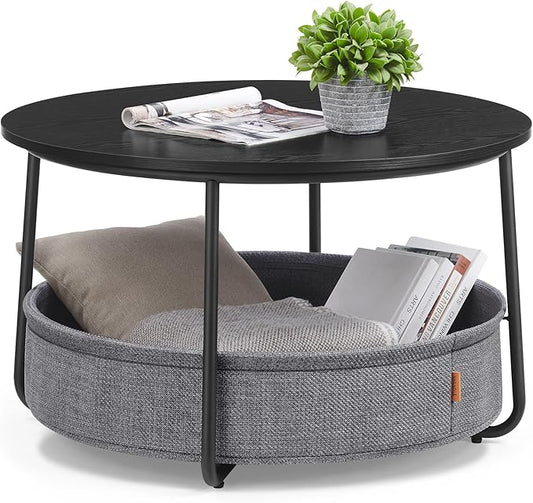 VASAGLE Coffee Table with Storage, Round Center Table for Living Room with Fabric Basket, Modern Style, Metal Frame, Ink Black and Slate Gray ULCT244B56