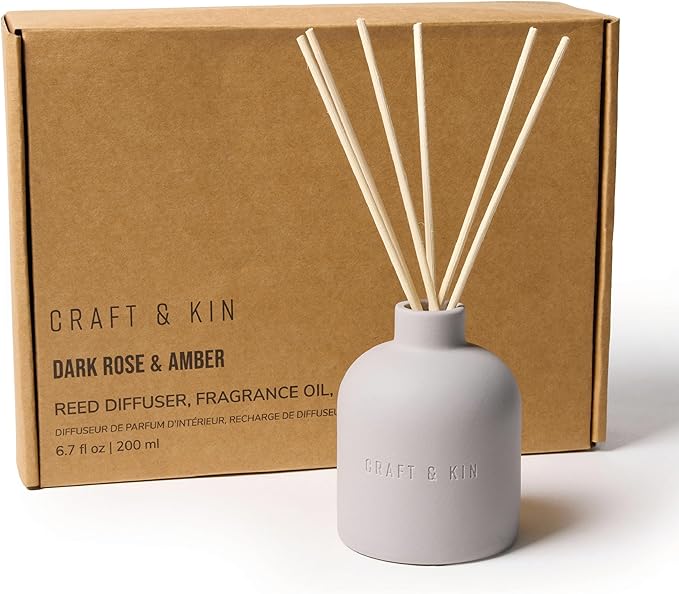 Craft & Kin Reed Diffuser Set - Rose & Oud, Reed Diffusers for Home with Fragrance Sticks - The Earthenware Collection, 6.7oz Alcohol-Free, Essential Oils