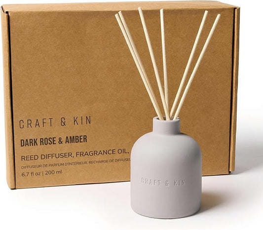 Craft & Kin Reed Diffuser Set - Rose & Oud, Reed Diffusers for Home with Fragrance Sticks - The Earthenware Collection, 6.7oz Alcohol-Free, Essential Oils