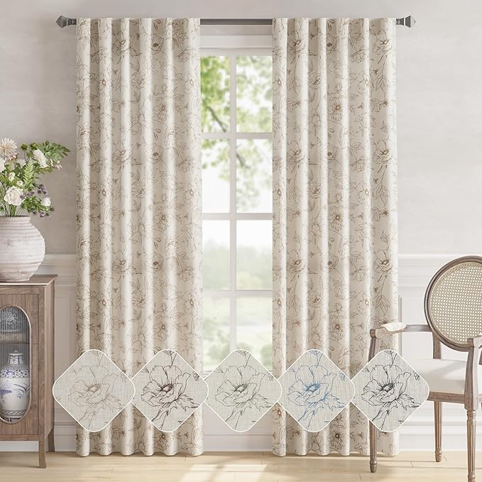 jinchan Linen Floral Curtains for Living Room 84 Inch Length Taupe Flower Curtain Rod Pocket Back Tab Farmhouse Curtains with Printed Floral Bedroom Window Curtain Set, 2 Panels Taupe