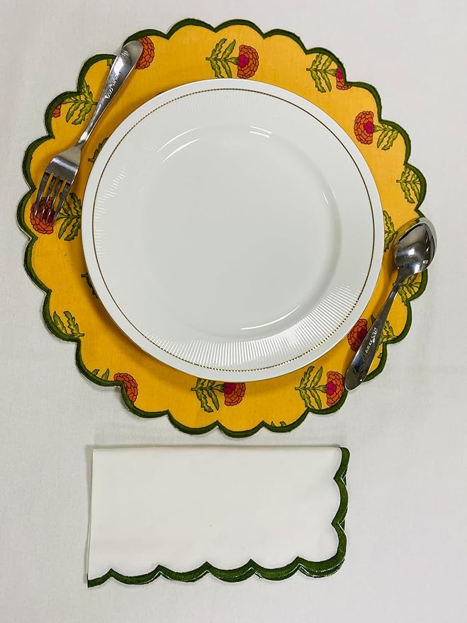 Ridhi Pestal Orange Bo-ho Round Place Mat Double Layer Floral Cotton Washable Placemats 15" Round Embroidery Block Print Table Mat Pack of 4-15 Inch Round