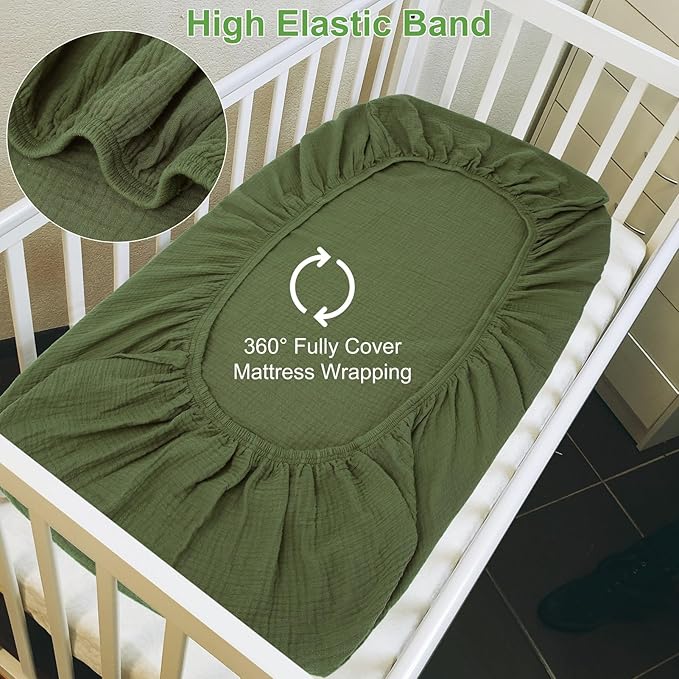 Muslin Fitted Crib Sheets for Girls & Boys-2 Pack 28"x 52" Soft Baby Mattress Sheet-No Slip Boho Neutral Breathable Toddler Cotton Bedding Olive Green & Beige Colors
