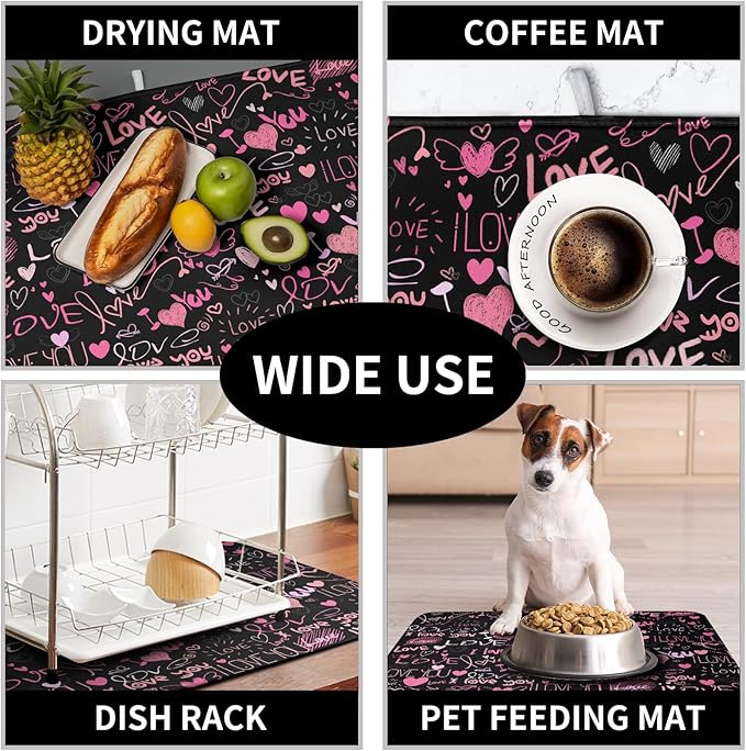 Mother's Day Dish Drying Mat for Kitchen Counter Love Heart Black Drying Mats Absorbent Reversible Microfiber Dish Pad Washable Dish Draining Mat Extra Large 18x24 Inch