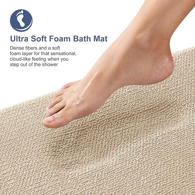 OLANLY Thick Memory Foam Bath Mat Rug 59x20, Extra Soft Absorbent Bathroom Rug, Quick Dry Bath Mats, Non-Slip, Machine Washable Carpet for Bathroom, Tub and Shower, Home Decor Accessories, Beige