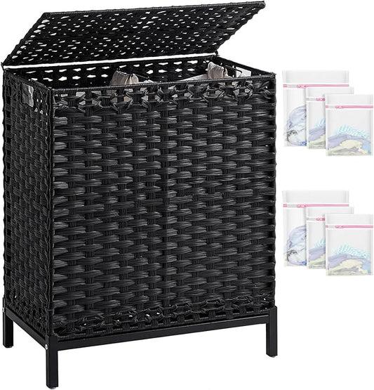 Laundry Hamper with Lid, 112 L Handwoven Rattan Wicker Laundry Basket, 2 Removable Liner Bags Metal Heightened Feet, 6 Mesh Bags, 2 Section Large Clothes Hamper for Bathroom Bedroom, Black