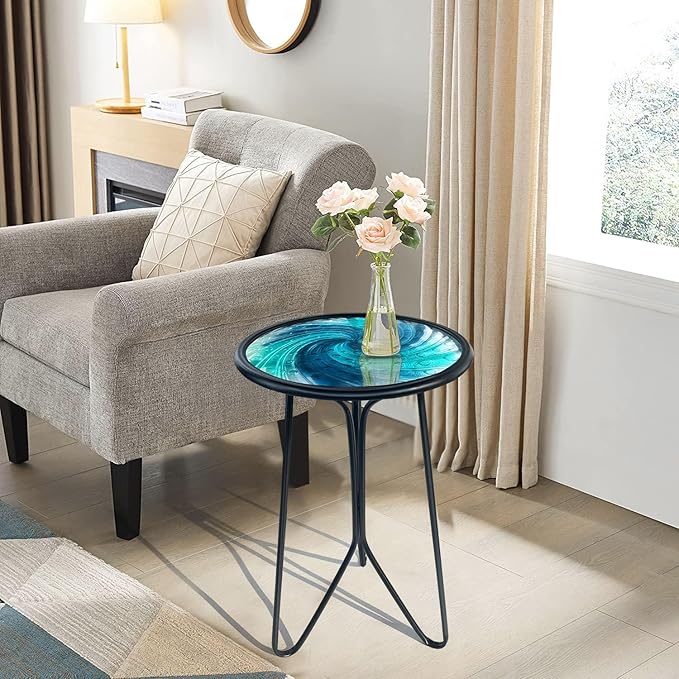 LIFFY Patio Side Table, Small Round End Table, Metal Side Table Outdoor, Small Porch Table for Indoor Balcony Furniture Decor (Blue Glass 12inch)