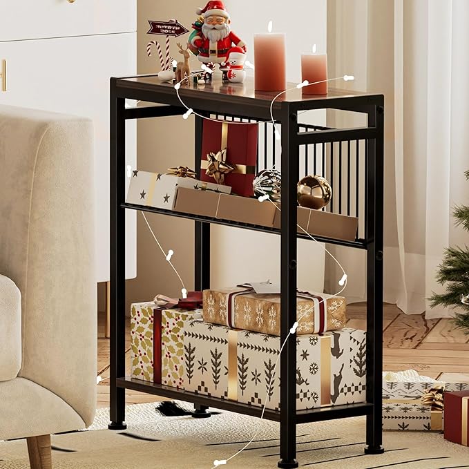 Side Table for Small Space, 3-Tier Narrow End Tablewith Magazine Holder,Slim Nightstand, Skinny Snack Couch Table in Living Room, Bedroom Study and Balcony(Ash Brown)
