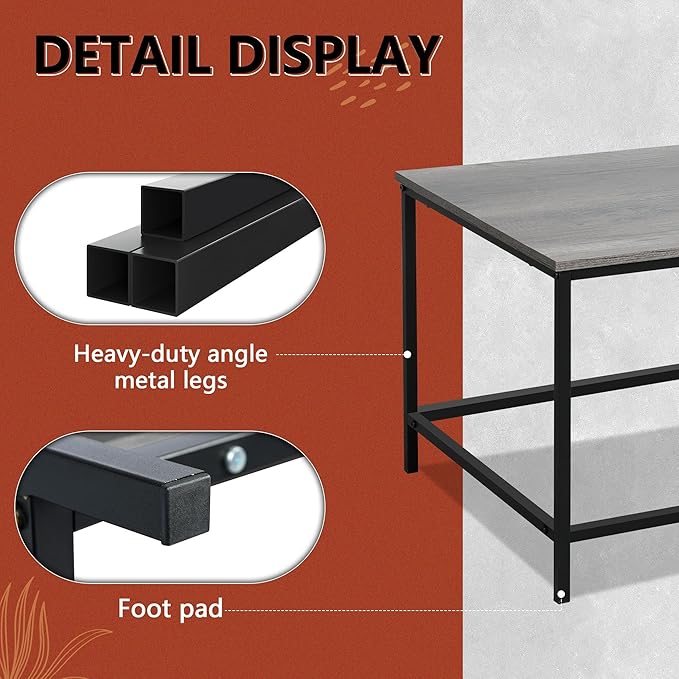 SENIG Coffee Table, Modern Industrial Style Rectangular Coffee Table, Grey Wood and Sturdy Metal Side End Table, Rustic Accent Functional Coffee Table for Living Room. 39.3 x 20 x 16