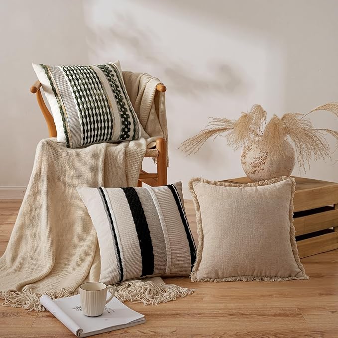 ANRODUO Pack of 2 Boho Decorative Throw Pillow Covers 18x18 Farmhouse Cushion Case Striped Chenille Pillow Cases Square Pillow Covers Accent Neutral Pillowcase for Sofa Couch Bed, Olive Green Stripe