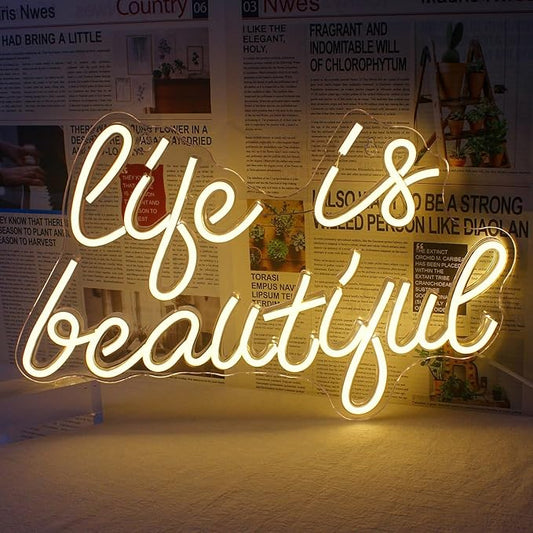 Life is Beautiful Neon Signs for Wall Decor, Letter Neon Lights for Bedroom, Led Sign with USB Powered for Livingroom, Wall Hanging Decor, Windows (Warm White)